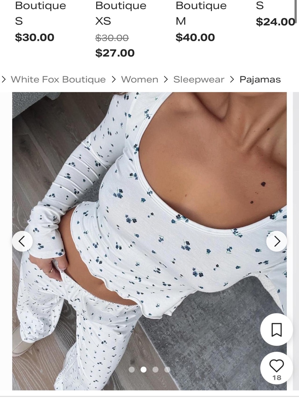 White Fox pajama set, top XS and bottom small